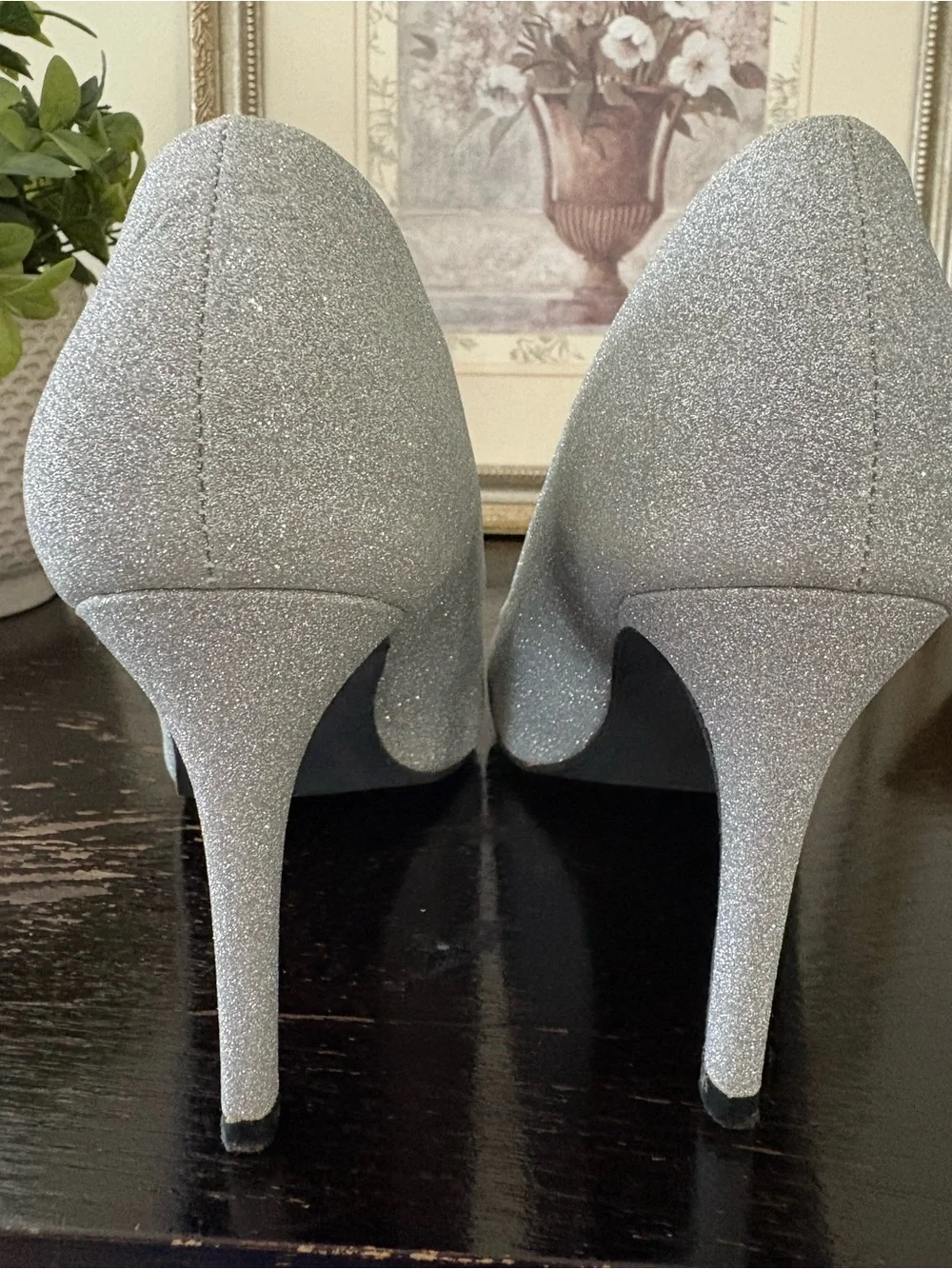 Ardene Silver Glitter Pointed Toe Pumps with Crystal Buckle